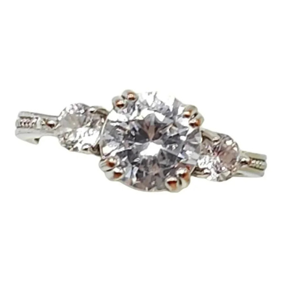Three-Stone Setting Clear CZ Cocktail Ring Silver Tone Vintage Size 8 Heart Side - Picture 4 of 6